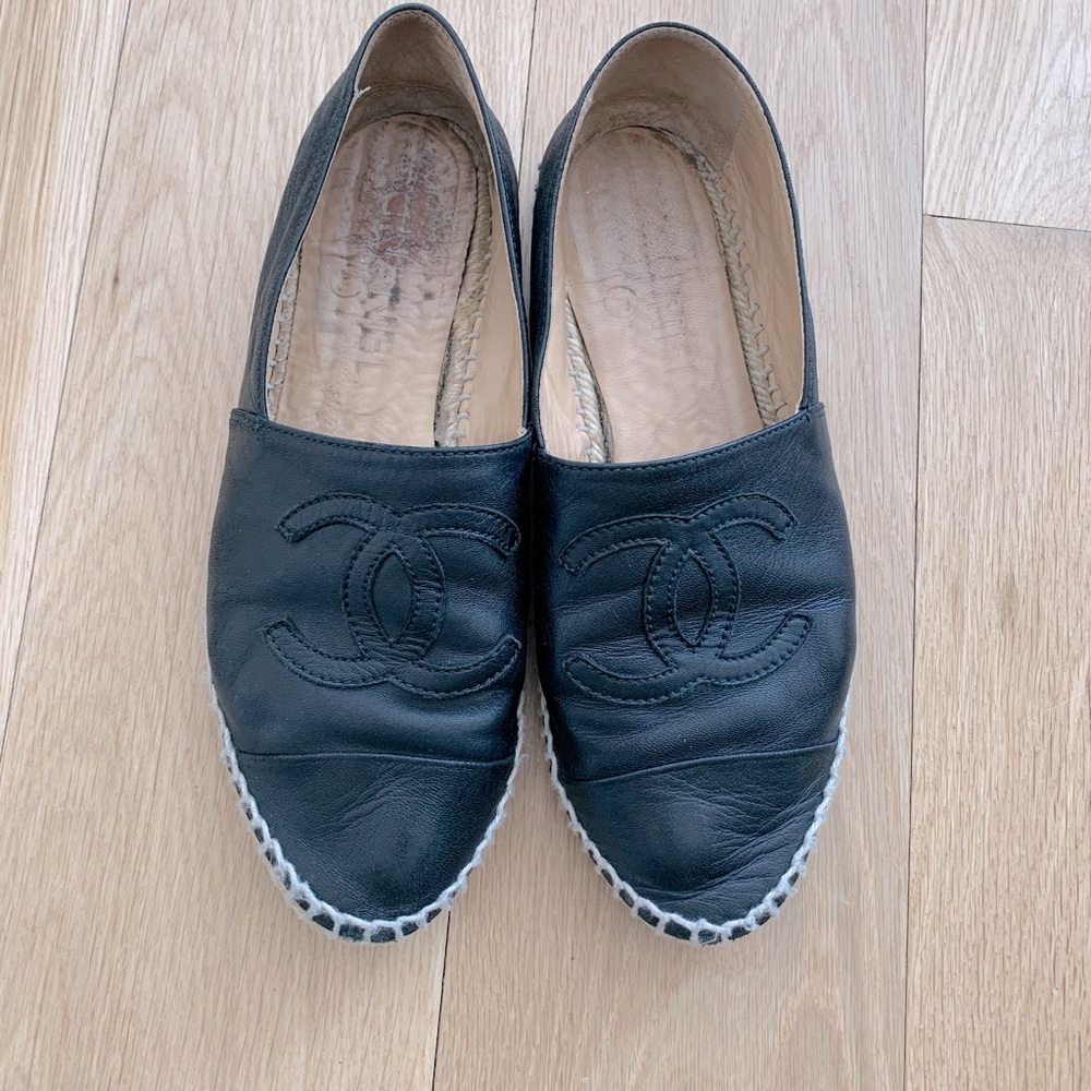 Authentic Chanel black leather espadrilles
